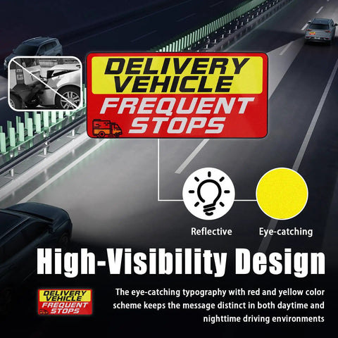 Delivery Vehicle Magnet Sign Set 9x4 Inches Weatherproof Reflective Warnings for Frequent Stops in red and yellow shown on road.