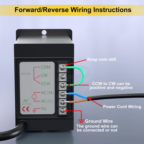 Wiring instructions for 6W 110V AC Gear Motor With 1 To 9 Gear Reduction, highlighting connection points and labels.
