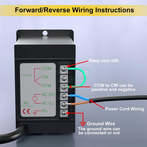 Forward and reverse wiring instructions for 25W 110V AC Variable Speed Gear Reducer Motor with Gearbox and Speed Controller.
