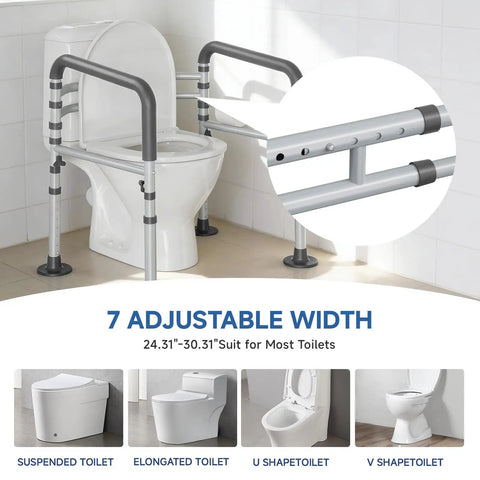 Premium Heavy Duty Steel Toilet Safety Rail For Seniors, adjustable for different toilet types, sturdy support bars beside toilet.