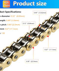 Close-up of Heavy Duty 428H Dirt Bike Chain Kit With 130 Links And 6 Master Links Plus Chain Breaker For 110Cc 125Cc 150Cc 200Cc 250Cc ATV Pit Bike And Scooter Ready, showing specifications and dimensions with gold-colored links.
