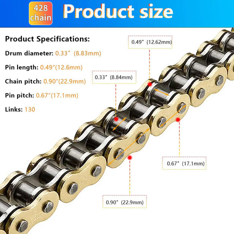 Close-up of Heavy Duty 428H Dirt Bike Chain Kit With 130 Links And 6 Master Links Plus Chain Breaker For 110Cc 125Cc 150Cc 200Cc 250Cc ATV Pit Bike And Scooter Ready, showing specifications and dimensions with gold-colored links.