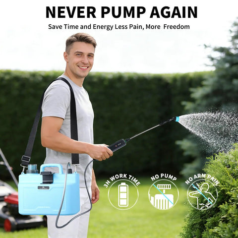 Man using 2 Gallon Electric Garden Sprayer With Rechargeable Battery USB Power, 6 Spray Modes And 4 Durable Nozzles in garden