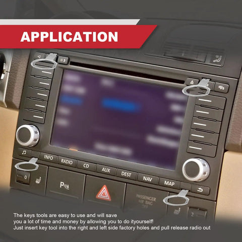 Pin Style Car Radio Removal Kit With DIN Release Keys 4 Pack Aluminum Fascia Tools shown in use on vehicle stereo