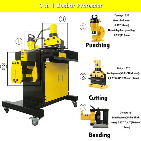 3 In 1 Hydraulic Busbar Cutter Bender Puncher Machine For Shearing Punching And Bending In Metalworking Projects A Pro Grade Heavy Duty Tool For Electrical Distribution Panels And DIY Fabrication showing machine details labeled for cutting, punching and bending operations.