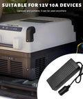 Heavy Duty AC To DC Converter 12V 10A Power Adapter with Thick Cords for powering portable cooler in vehicle.