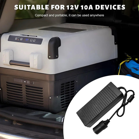 Heavy Duty AC To DC Converter 12V 10A Power Adapter with Thick Cords for powering portable cooler in vehicle.