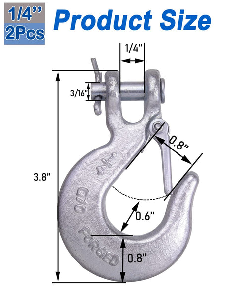 One Quarter Inch Safety Chain Hooks With Clevis Slip Hook And Safety Latch, Grade 70 Forged Steel, product size dimensions