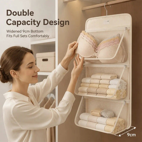 Woman organizing bras in Pink Mesh Storage Hanging Bag With 360 Swivel Hook and Expandable Double Layer Closet Organizer.