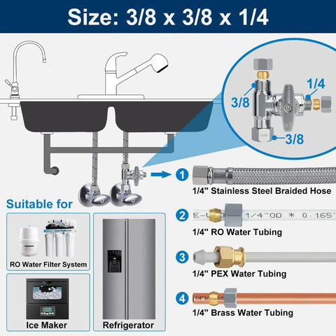 Add A Tee Brass Angle Stop Valve Three Eighths By Three Eighths By One Quarter Compression Tee For Fridge Ice Maker RO Systems Easy Install on sink