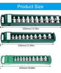 Heavy Duty Car Repair Socket Wrench Drive Head Kit With 3 8 Inch Quick Release Drive, showing socket sizes and storage dimensions.