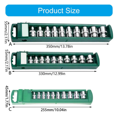Heavy Duty Car Repair Socket Wrench Drive Head Kit With 3 8 Inch Quick Release Drive, showing socket sizes and storage dimensions.