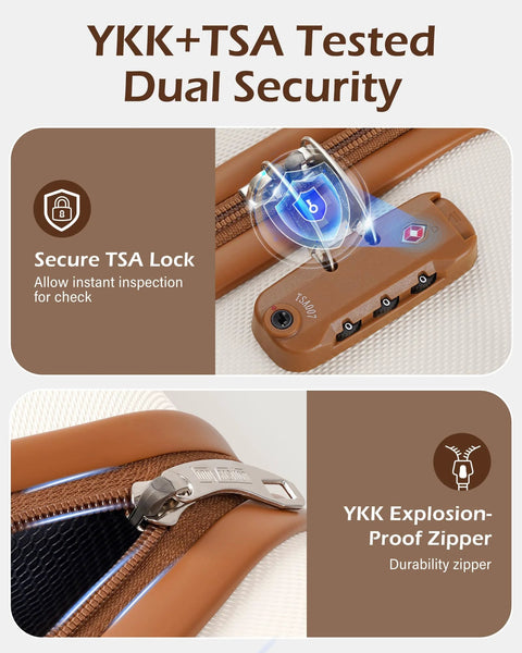 Front view of 6-piece beige-brown ABS+PC luggage set with spinner wheels, TSA lock, YKK zipper.