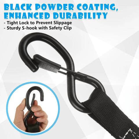 Heavy Duty 1 Inch Ratchet Straps 4 Pack With Durable Hooks 20 Foot Tie Downs For Motorcycles ATVs Trucks and Boats showing black S-hook and safety clip.