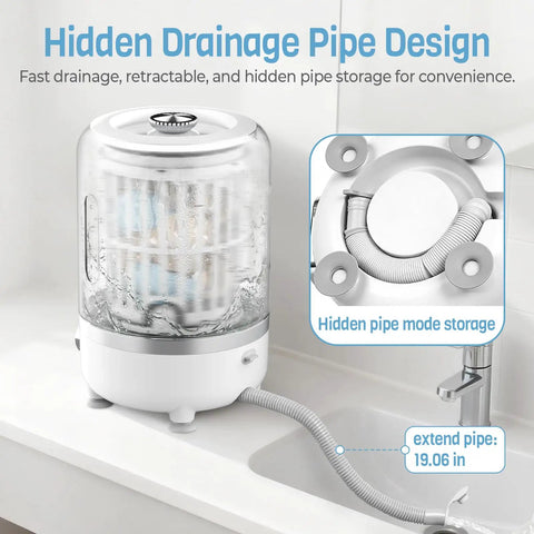 Ultra Compact Cordless Washing Machine with hidden drainage pipe design for convenient fast drainage and space-saving.