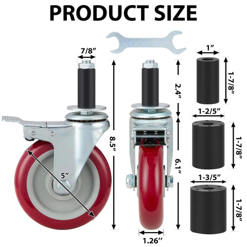 Hella Tough 5 Inch Expanding Stem Caster Wheels Set of 4 with Brakes for Heavy-Duty Worktables, showing product dimensions and parts.
