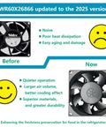 Comparison of old and new WR60X26866 refrigerator evaporator fan motors, showing improved design and functionality in 2025 version.