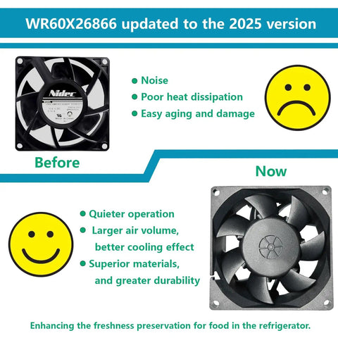 Comparison of old and new WR60X26866 refrigerator evaporator fan motors, showing improved design and functionality in 2025 version.