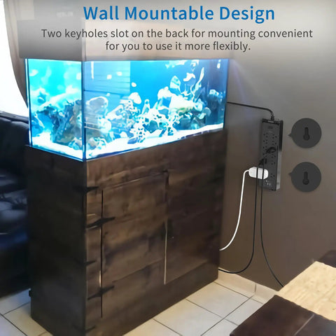 Wall-mounted 25 Ft Flat Plug Extension Cord Power Strip with 12 Outlets and 3 USB Ports, Black, next to aquarium