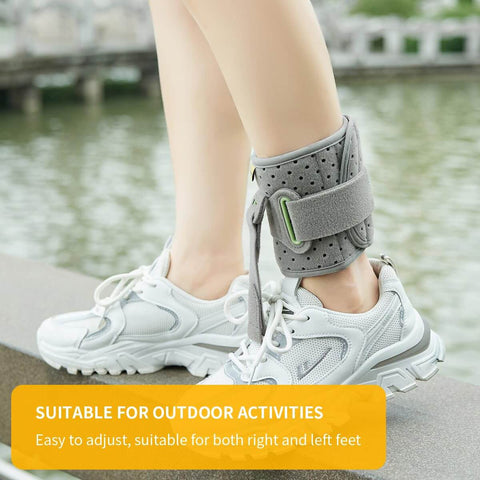 Drop Foot Ankle Brace Orthosis With Cushioned Comfort, gray adjustable wrap for easier walking, shown on right foot