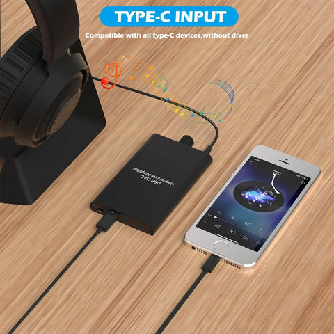 High Power USB-C Headphone Amplifier For 16 To 600 Ohm Headphones With 3.5mm AUX And Type-C Input connected to phone and headphones