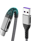 USB-C to USB-A braided charging cable, 10 ft, silver-gray connectors