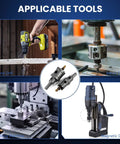 DIKTALK 16pc carbide hole saw kit for metal, wood, plastic; collage shows hand drill, drill press, milling machine