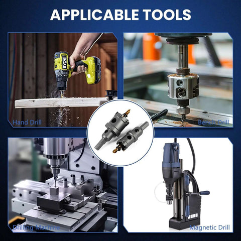 DIKTALK 16pc carbide hole saw kit for metal, wood, plastic; collage shows hand drill, drill press, milling machine