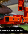 Close-up of adjustable fork width on Six In One Tractor Attachment With Pallet Forks, Hay Spear Sleeve