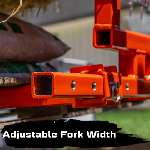 Close-up of adjustable fork width on Six In One Tractor Attachment With Pallet Forks, Hay Spear Sleeve