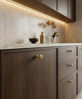 Top Shelf Brushed Gold Cabinet Knobs Six Pack For Modern Kitchen Drawers And Dressers Crafted From Solid Zinc Alloy Ridge Tough Construction Quick Install Mounting on wooden cabinets.