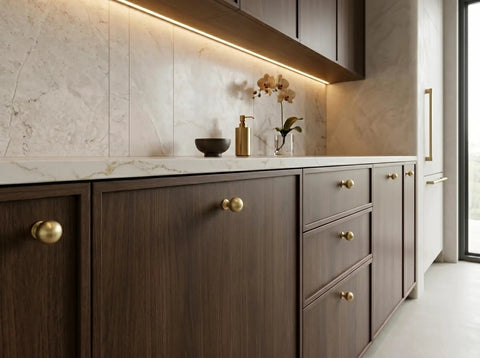 Top Shelf Brushed Gold Cabinet Knobs Six Pack For Modern Kitchen Drawers And Dressers Crafted From Solid Zinc Alloy Ridge Tough Construction Quick Install Mounting on wooden cabinets.