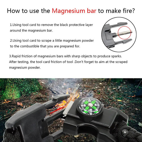 Instructions and tools for using 20 In 1 Paracord Survival Bracelet With SOS LED Light Fire Starter Compass Whistle And Thermometer Must Have For Camping Hiking And Fishing And Other Outdoor Adventures for fire starting in outdoor setting