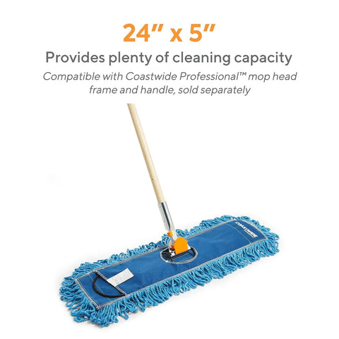 Top Shelf 24 Inch Loop End Cotton Dust Mop Head For Hard Surface Floors Heavy Lint Free Replacement blue mop head with wooden handle.