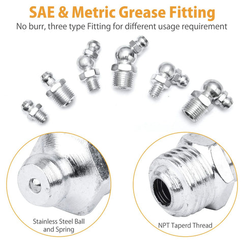 490-piece Zerk grease fittings set, SAE/Metric, chrome finish; straight & 45/90°; NPT threaded; stainless ball and spring