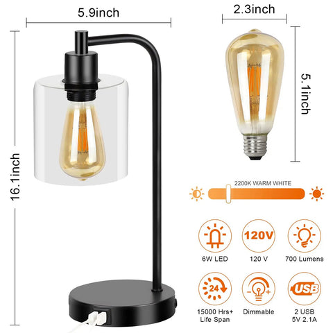 Touch Control Table Lamps Set of 2 With USB Ports And AC Outlet UL Listed 3 Way Dimmable Vintage Glass Shade Bedside Lamps dimensions