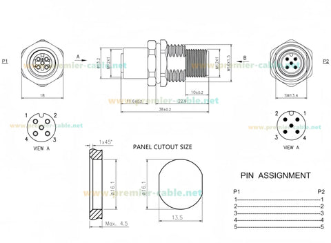 Technical diagram of Pair Of M12 A Coded 5 Pin Male To Female Panel Mount Connector IP67 Shielded Bulkhead Feedthrough