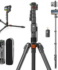 75 Inch Extendable Camera Tripod With Remote Shutter And 360 Degree Ball Head, Aluminum Phone And Camera Stand shown with DSLR and smartphone attachments