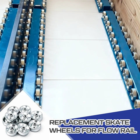 Image of 50 Pcs Metal Conveyor Skate Wheels Replacement Set for flow rail systems, showing zinc plated steel wheels and guides.