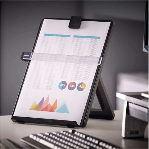 Letter Size Non Magnetic Copyholder with Removable Line Guide and Adjustable Easel Back on a desk with papers.