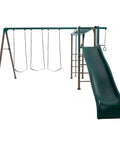 Outdoor Monkey Bar Adventure Swing Set with three belt swings, trapeze bar, fireman pole, nine foot wavy slide, powder coated steel
