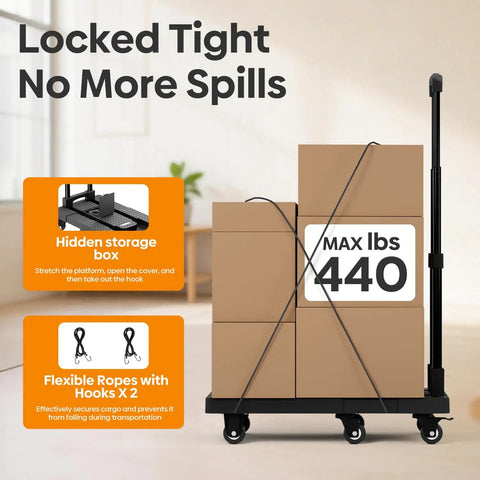 No Assembly Folding Hand Truck Dolly Cart With 440 Lb Capacity, showing max weight and boxes secured with ropes