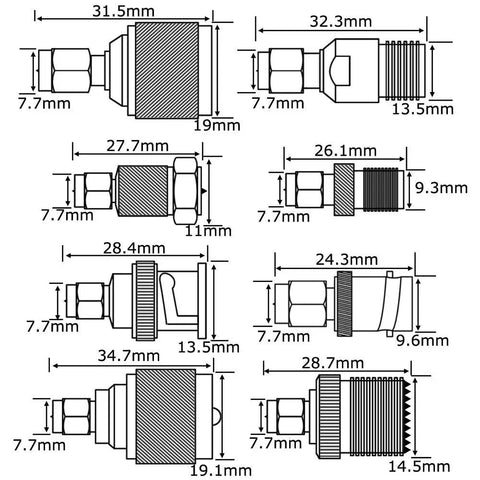 Diagram of adapters in 16-Piece SMA Adapter Kit With Gold-Plated Brass RF Connectors SMA To BNC N F UHF PL259 SO239 Coaxial Adapters
