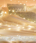 Cozy bedroom setup with Grab These Super Cool Battery Operated Fairy Lights With Remote For Your Holiday Setup Featuring 33 Feet Of 100 LED Dimmable Twinkle String Lights Complete With Timer Waterproof Copper Wire Ideal For Bedroom Christmas Tree And Indoor Outdoor Decor In glowing softly over blankets and cushions.