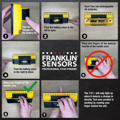 Instructions showing use of ProSensor 710 Plus Stud Finder with 13 sensors, built-in bubble level, and wide LED display.