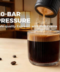 Portable Electric Espresso Machine With 20 Bar Pump pouring espresso into glass cup