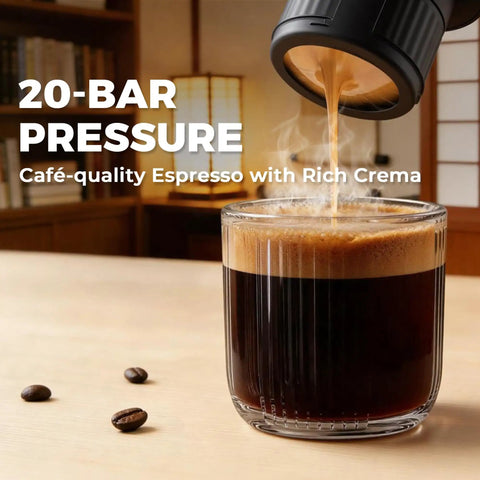 Portable Electric Espresso Machine With 20 Bar Pump pouring espresso into glass cup