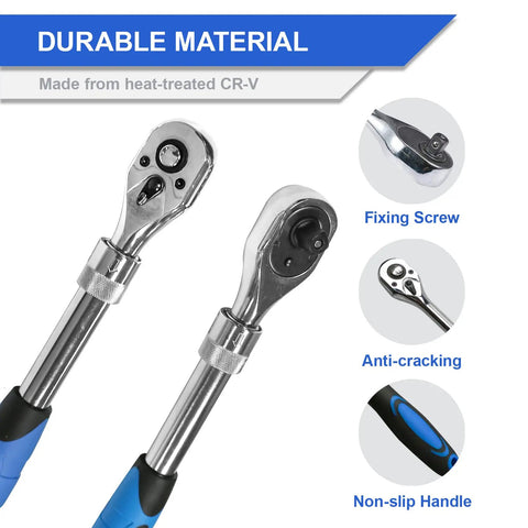 Extendable Ratchet Set With 1/4 Inch 3/8 Inch And 1/2 Inch Drive Sockets, 72-Tooth Quick Release Reversible CR-V Gear, Heavy Duty Torque Spanner Hand Tools With Soft Grip Ergonomic Handles