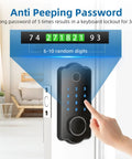 5 in 1 Keyless Entry Smart Lock with Fingerprint Deadbolt Auto Lock Touch Keypad IC Card Passcode Keys and App Control for Front Door Voice Compatible Smart Home Black shown with anti-peeping feature on door.