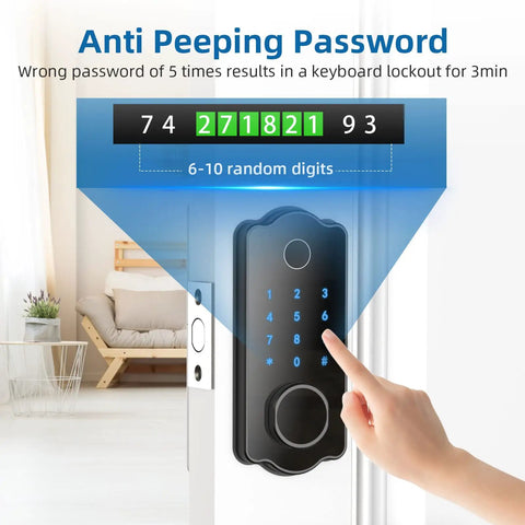 5 in 1 Keyless Entry Smart Lock with Fingerprint Deadbolt Auto Lock Touch Keypad IC Card Passcode Keys and App Control for Front Door Voice Compatible Smart Home Black shown with anti-peeping feature on door.